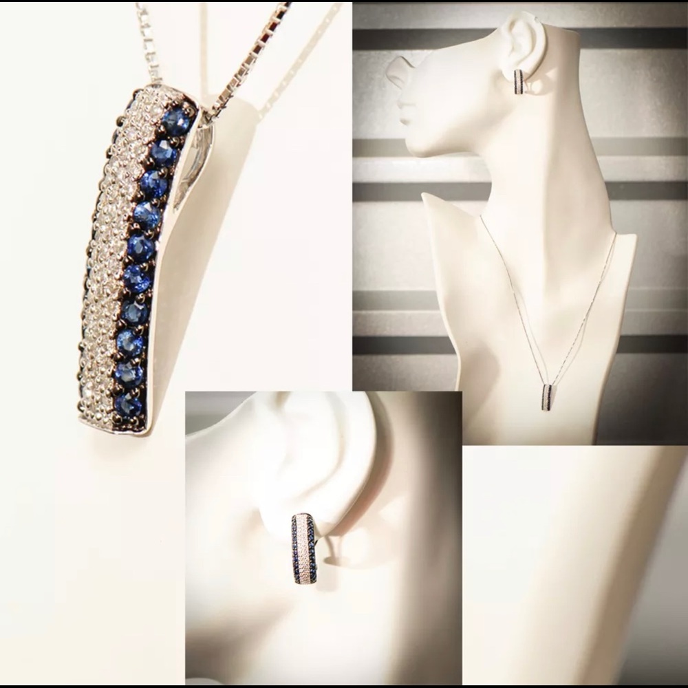 18K W/Gold Dia & Blue Topaz Earrings, Pend, & Neck